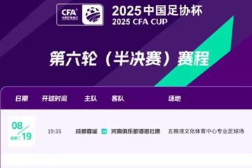 足协杯半决赛日程：蓉城8月19日对阵河南，国安20日迎战玉昆
