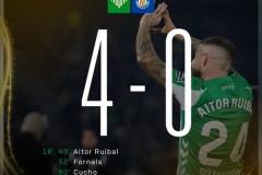 西甲战报：皇家贝蒂斯4-0大胜赫塔菲，稳居积分榜第六位