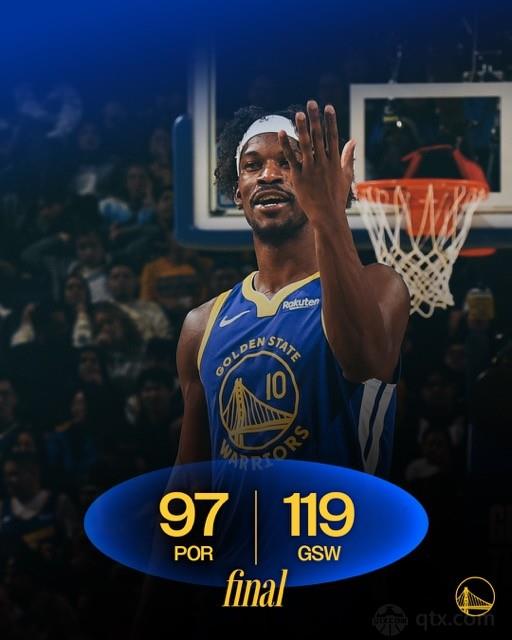 开拓者客场97-119惨败勇士