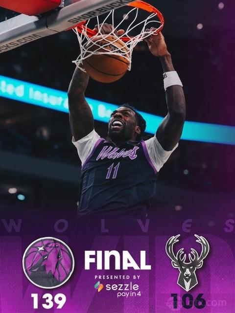 森林狼客场139-106大胜雄鹿