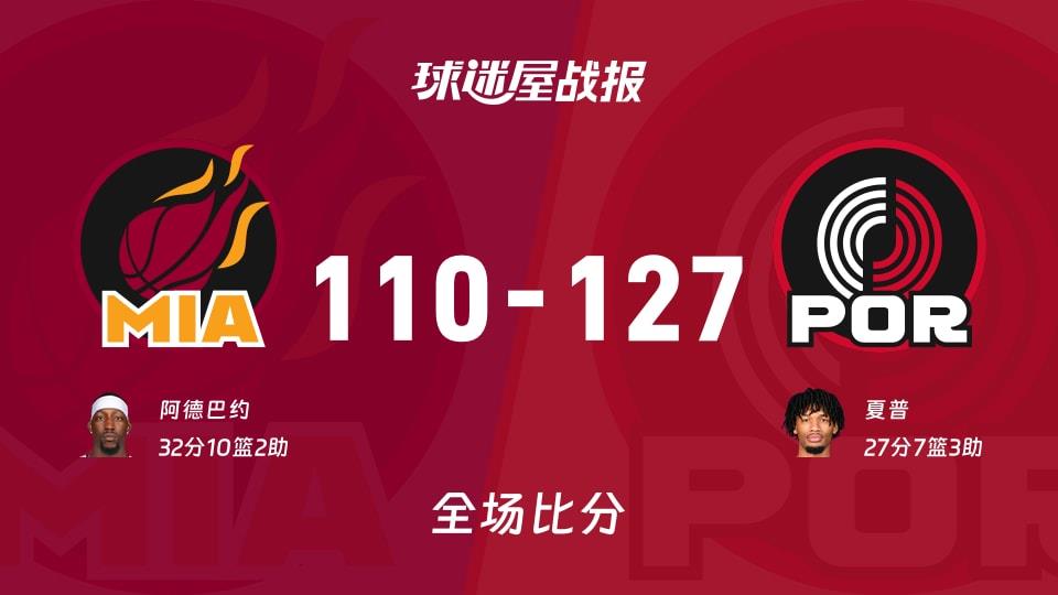 NBA常规赛：开拓者以127-110战胜热火，夏普27 7 3