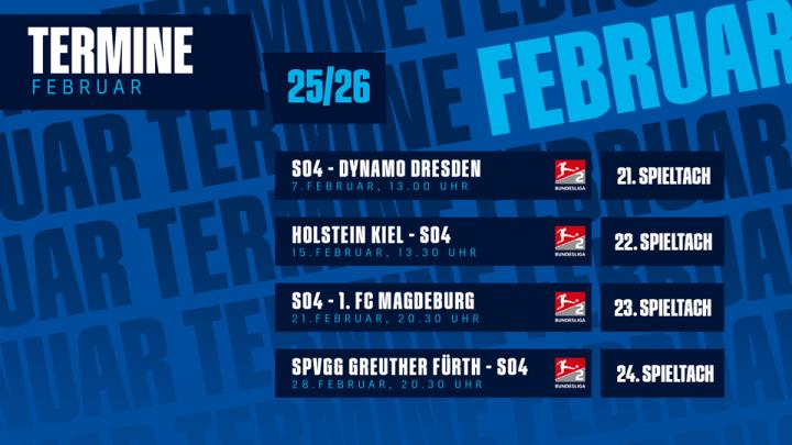 沙尔克二月赛程，年廿八对阵荷尔斯泰因比赛时间安排如下