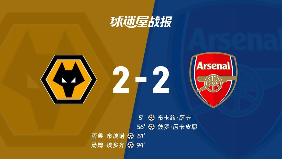 【英超联赛第31轮】狼队vs阿森纳比赛结果：狼队(2-2)阿森纳比分战报(2026年02月19日)