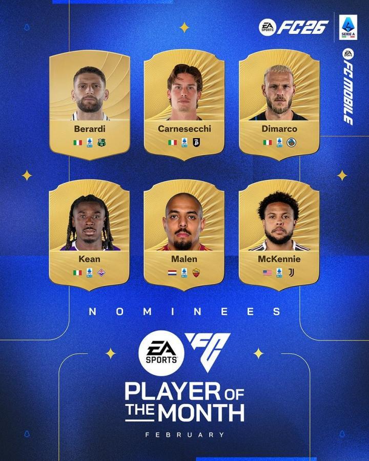 意甲2月最佳球员候选名单揭晓，迪马尔科、马伦、麦肯尼入围