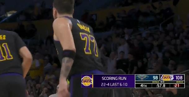 东契奇单挑三分终结比赛，湖人末节最后6分钟打出22-4逆转鹈鹕