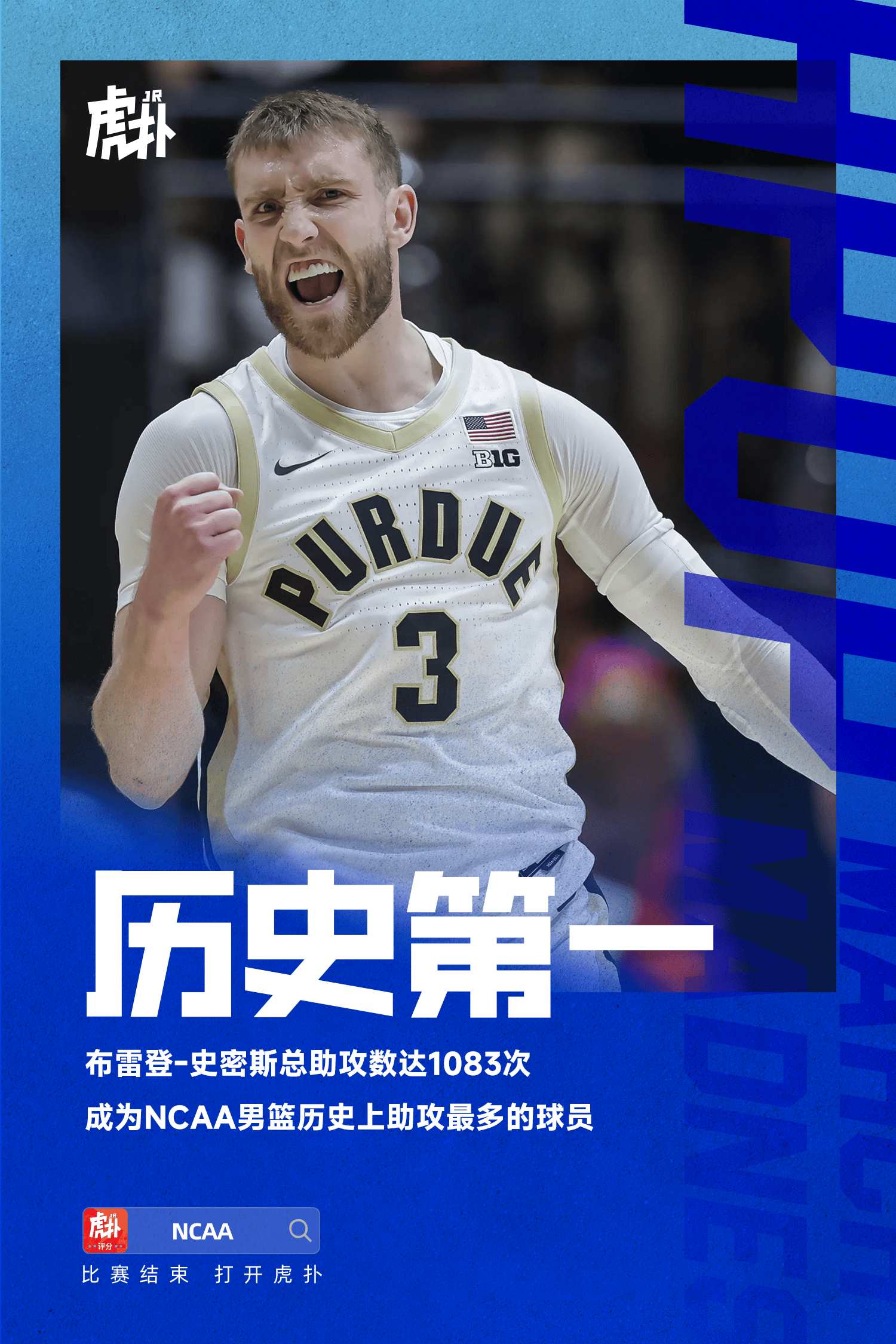 布雷登-史密斯助攻总数达1083次，成为NCAA历史助攻王