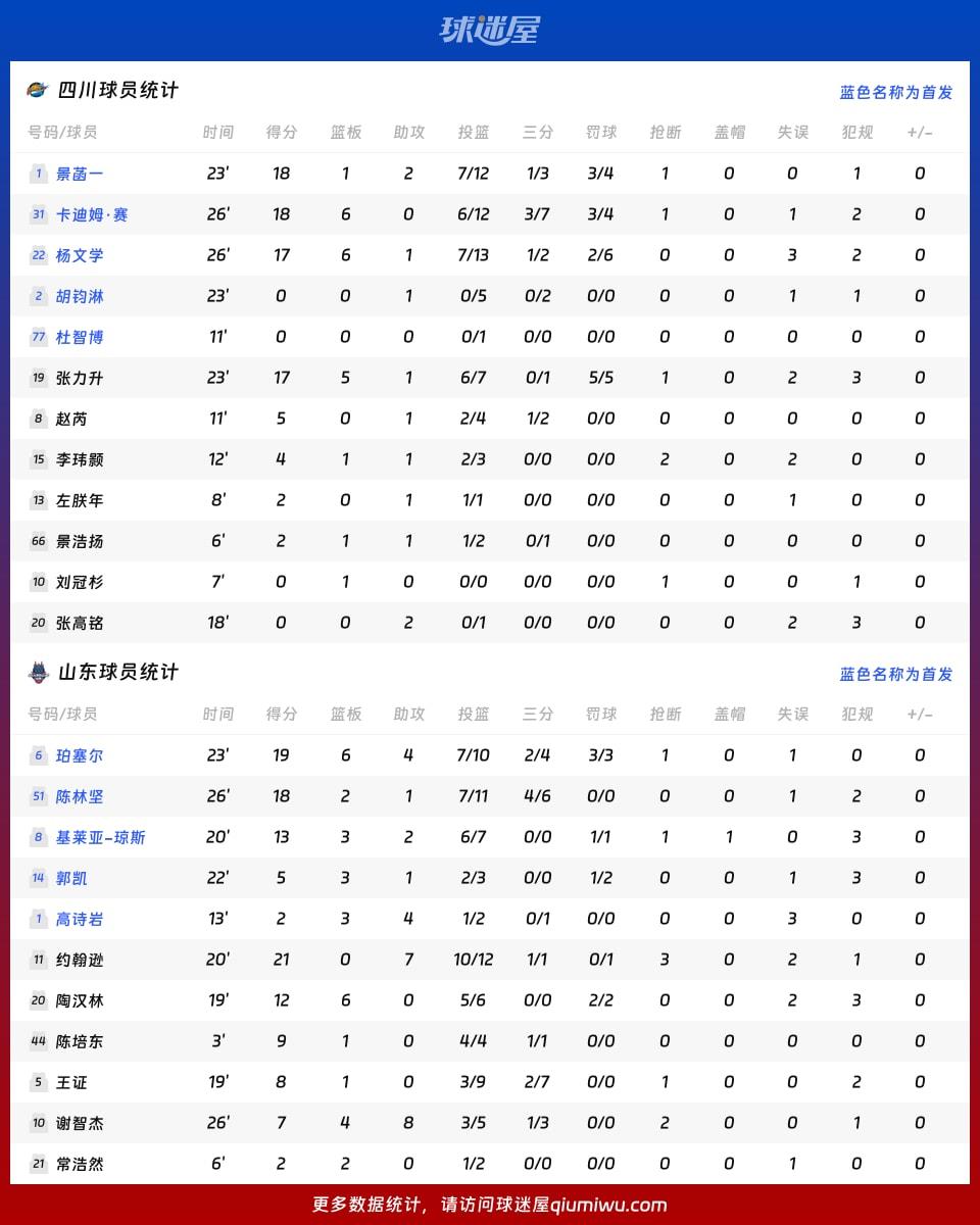 四川vs山东球员数据