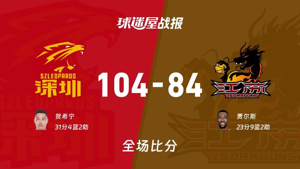 CBA深圳vs江苏战报：104-84，贺希宁31 4 2