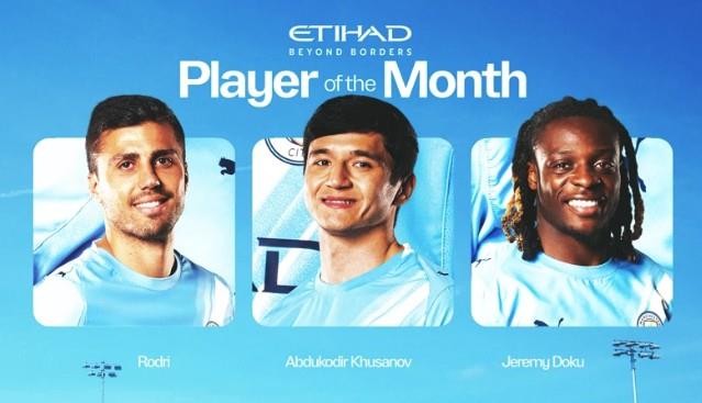 曼城3月最佳球员候选名单，罗德里、胡桑诺夫、多库入选