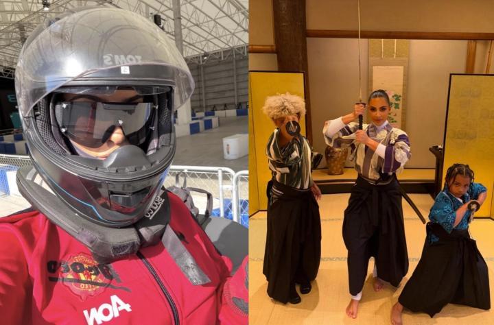 卡戴珊分享日本旅行,身穿曼联外套开卡丁车,体验日本剑道