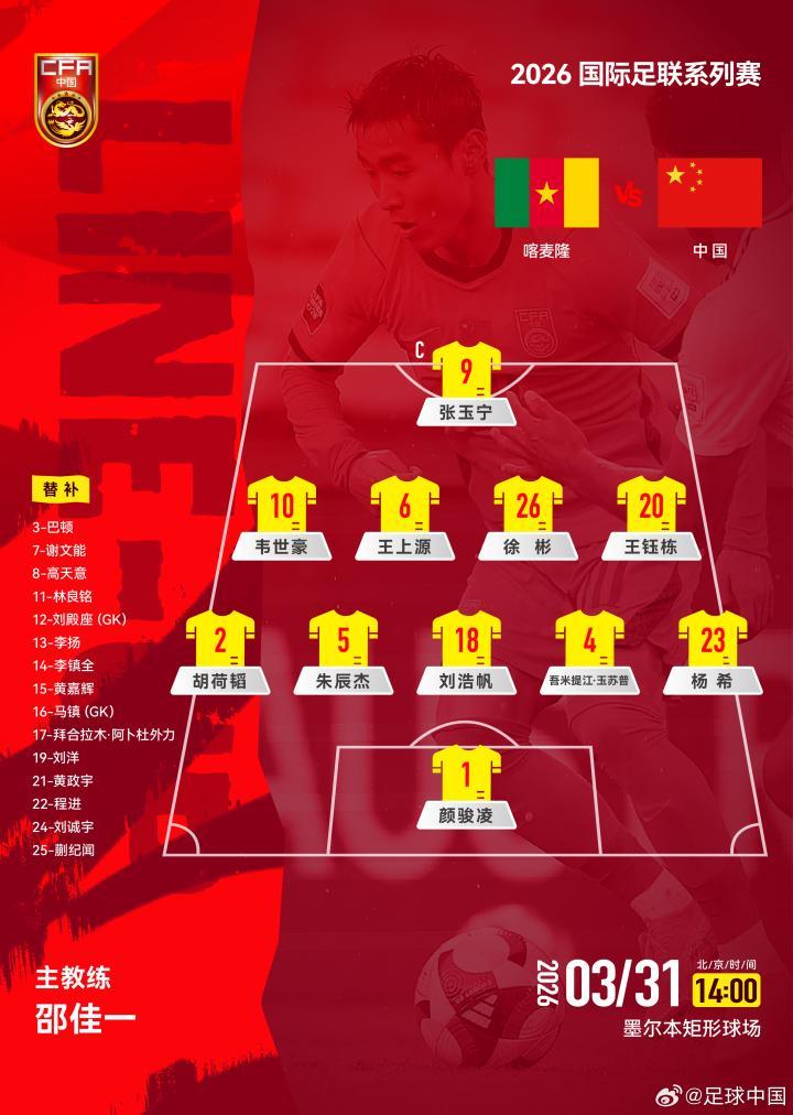 国足对阵喀麦隆，6名U23亚洲杯国脚首发登场