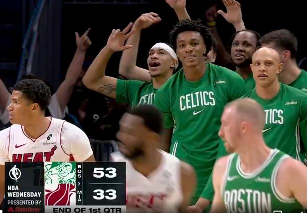 豪瑟三分手感火热5中5，凯尔特人首节命中11记三分轰下53分