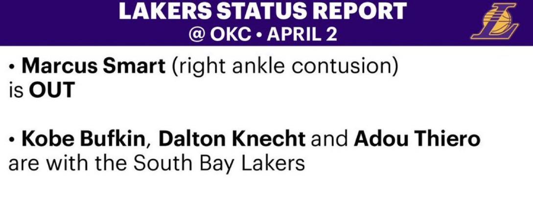 湖人伤病更新，马库斯-斯马特将缺席明日对阵雷霆的比赛