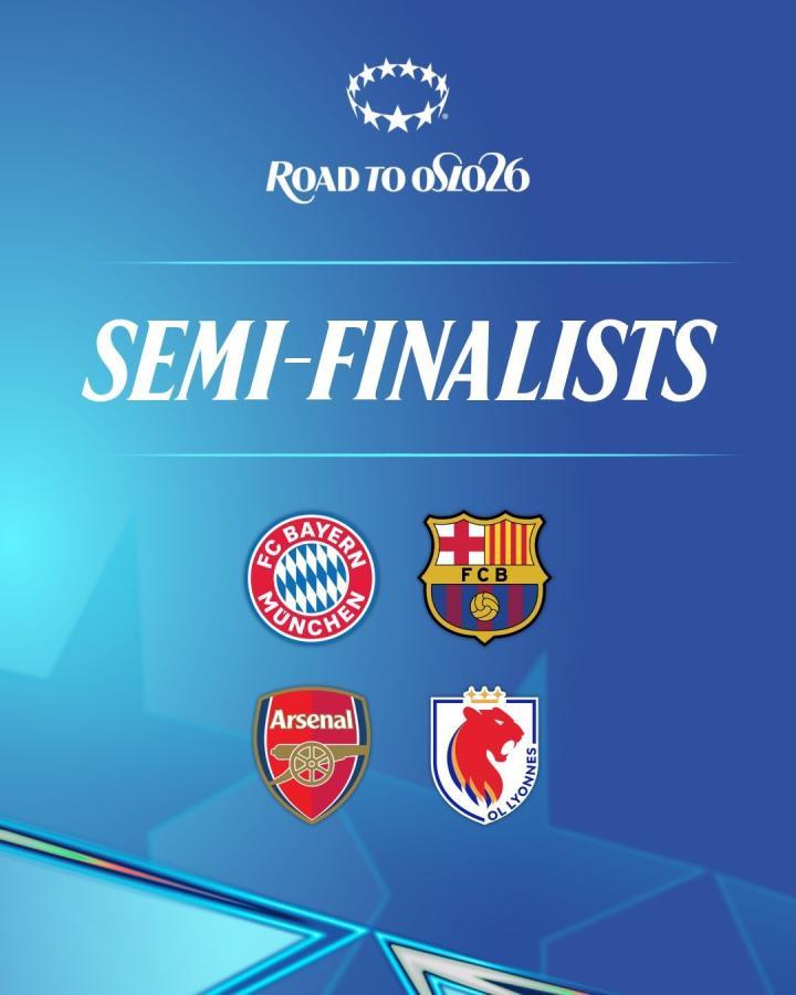 女足欧冠半决赛对阵，巴萨vs拜仁，里昂vs阿森纳