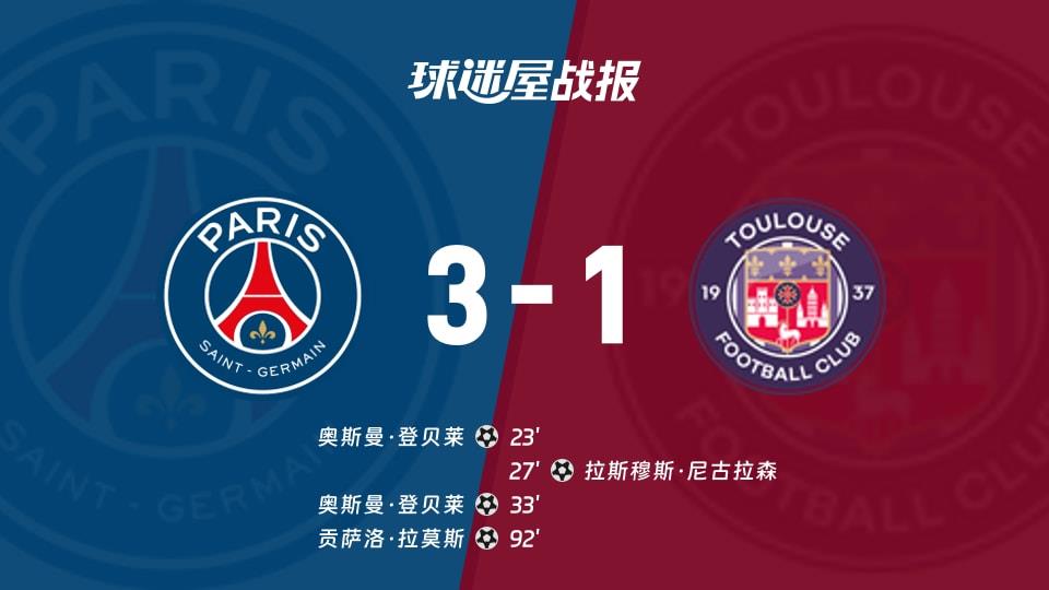 【法甲联赛第28轮】巴黎圣日耳曼vs图卢兹比赛结果:巴黎圣日耳曼(3-1)图卢兹比分战报(2026年04月04日)
