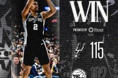 马刺主场115-102轻取76人，文班17分中途伤退，卡斯尔砍下19分10篮板13助攻